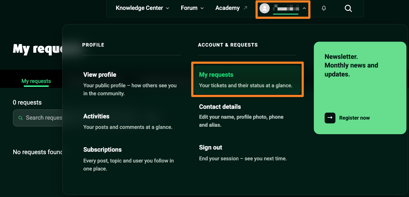 User profile section displaying requests and account details on a website interface.